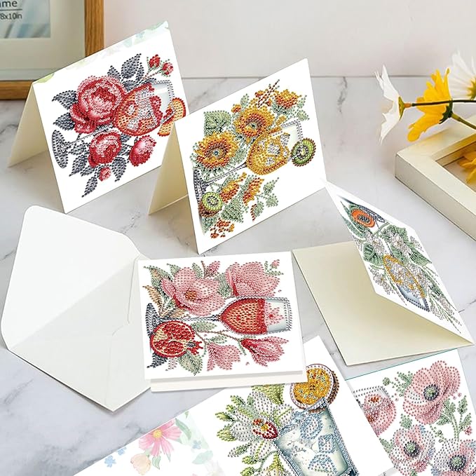 Tontut 6pcs Diamond Art Painting Kit Greeting Card, Mug Flower 5D DIY Diamond Handmade Holiday Greeting Card with Envelope, Holiday Gift Congratulation