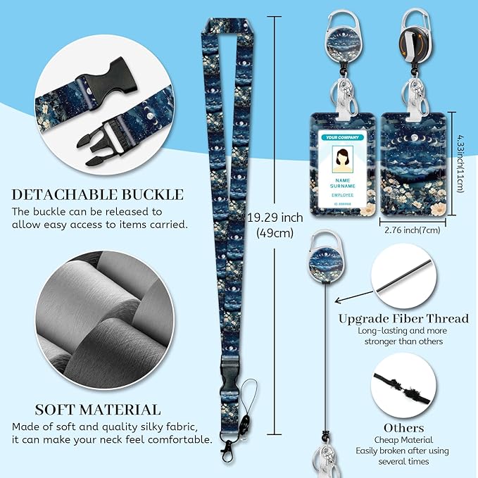 Lanyards for Id Badges, Moon Lunar Eclipse Badge Holder with Retractable Reel Clip, Cute Work Name Tags Keychain Lanyard ID Card Protector Cover for Women Teacher Nurse Nursing Doctor Office