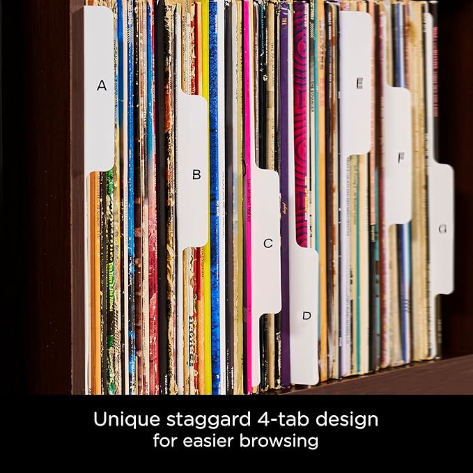 Heavy Duty Vinyl Record Dividers A-Z| 12" LP Record Dividers with Tabs | Pack of 26 Record Alphabet Dividers | White | Made in The USA | Vinyl Record Organizer Tabs for Side Browsing