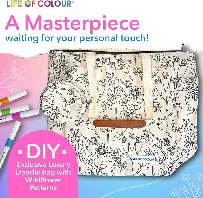 Life of Colour Doodle Bag with Wildflower Patterns – Color Your Own Tote Bag Craft Kits for Adults, Includes Canvas Tote & 24 Acrylic Markers – DIY Painting & Art Kit for Women