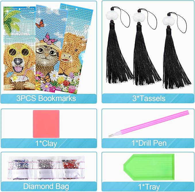 Anseal 3 Pcs Diamond Art Bookmarks for Book Lovers, Spring Summer PU Leather Aanimal Print Diamond Crafts Bookmarks for Women Girls, Tassel Beaded Book Mark for Graduation Birthday Reading Present