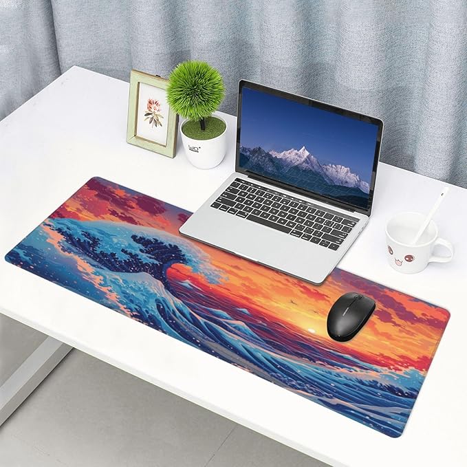 Gaming Mouse Pad Desk Pad,Extended Big Mouse Pad,31.5x11.8 Inch Long Computer Keyboard Mouse Mat Mousepad with 3mm Non-Slip Base and Stitched Edge for Gaming and Office… (Sunset Wave)