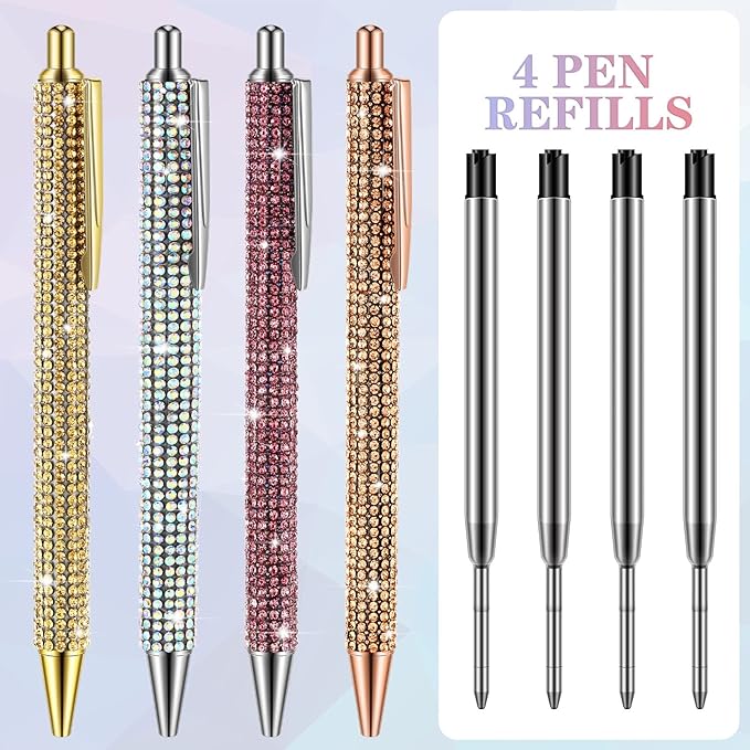 Ireer 4 Pcs Bling Rhinestone Sparkly Pens for Women Diamond Ink Crystal Glitter Metal Ballpoint Bedazzled Fancy Pens 4 Pcs 1.0mm Refills(Gold, Silver, Pink and Rose Gold)