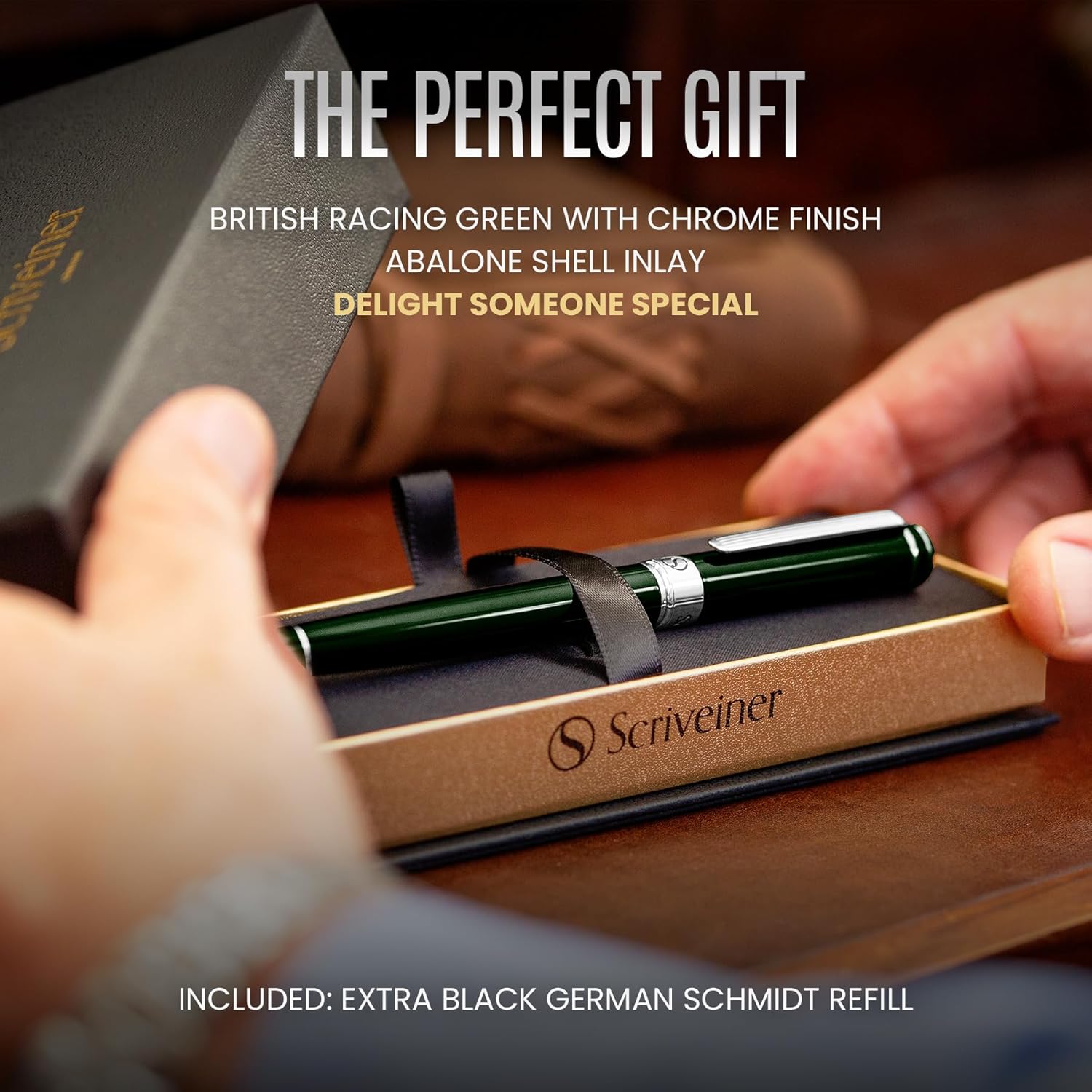 Scriveiner British Racing Green Rollerball - Stunning Luxury Pen With Chrome Finish, Schmidt Ink Refill, Best Roller Ball Pen Gift Set for Men & Women, Professional, Executive Office, Nice Pens