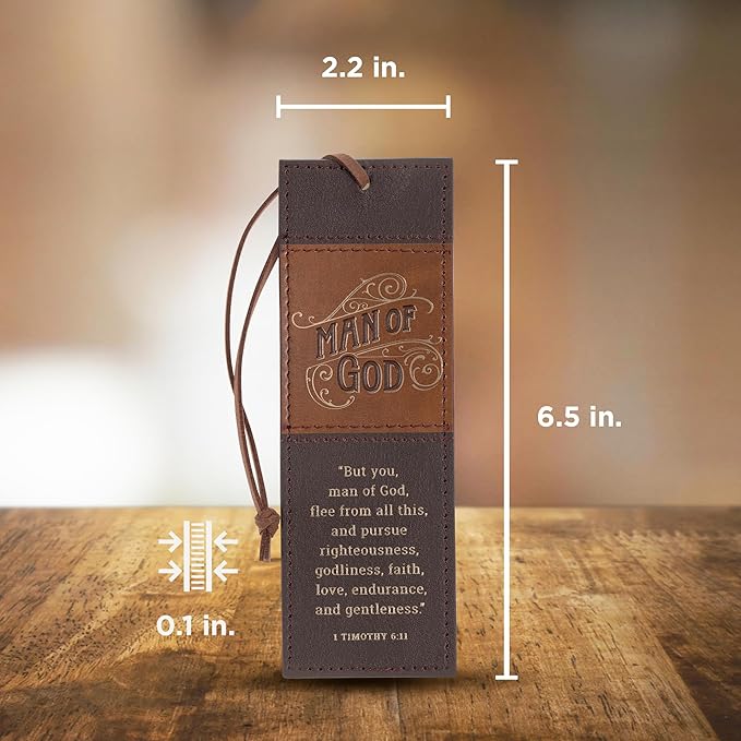 Christian Art Gifts Premium Inspirational Scripture Vegan Leather Bookmark for Men: Man of God Encouraging Bible Verse, Knotted Cord, Gold Text, Sturdy Slim Book Reading Accessory, Light & Dark Brown