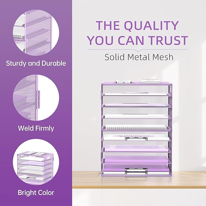 DALTACK 9-Tier Paper Letter Tray Desk Organizer with Handles, Mesh File Holder Organization, Paper Sorter Desk Organizer for Office Home School, Purple 2 Pack