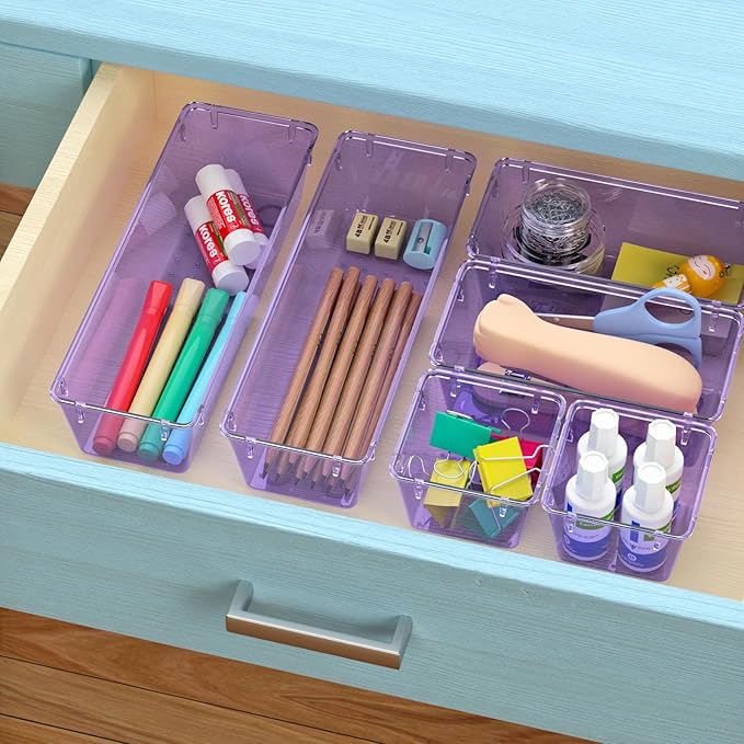WOWBOX 6 Pack Clear Drawer Organizer Set, Acrylic Drawer Storage Trays, Storage Bins for Makeup, Cosmetics, Jewelries, Utensils, Gadgets, Office, Purple