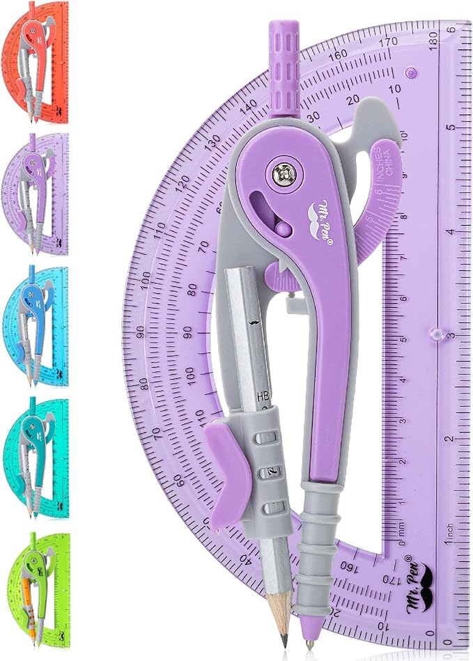 Mr. Pen- Compass and Protractor Set, Purple, Compass Geometry Tool, Protractor and Compass Set, Compass Drawing Tool, Drawing Compass, Protractor Set, Geometry Compass, Math Compass for Geometry