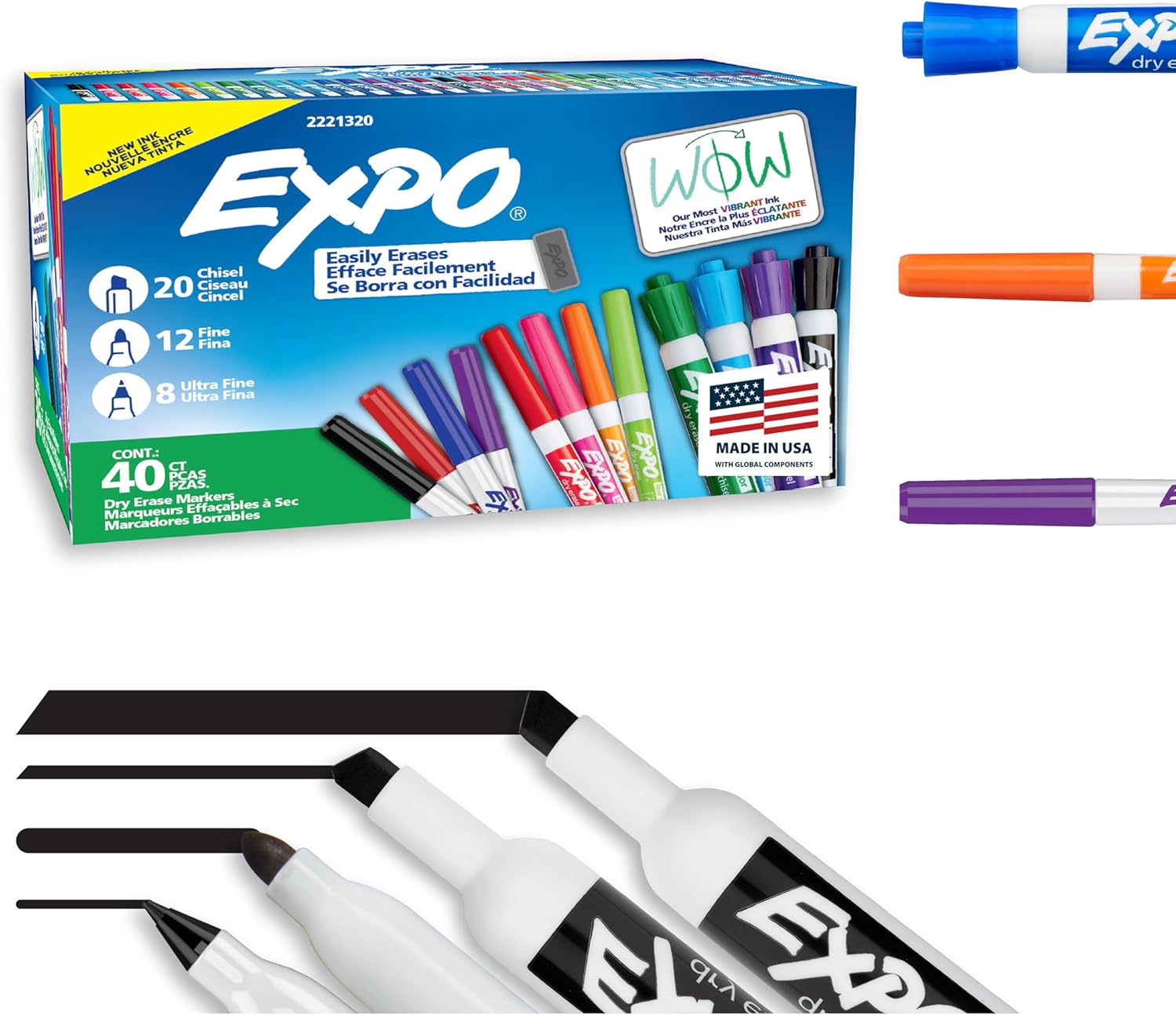 EXPO Dry Erase Markers Ultimate Pack, Chisel, Fine, Ultra Fine, Mixed Tips, Assorted Colors, 40 Count