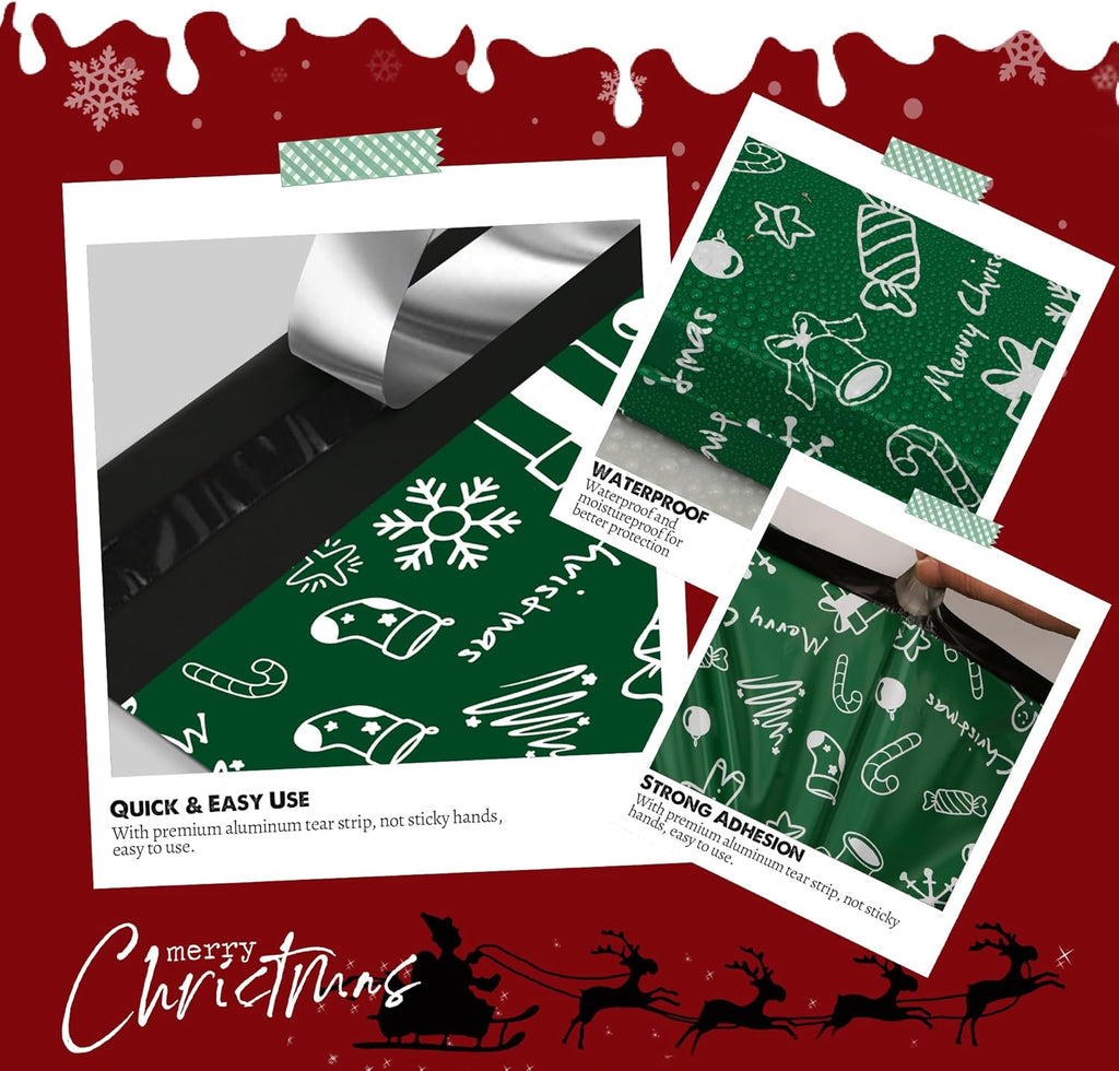 Christmas Poly Mailer - 14.5x19 Inch, 50 Waterproof Tear-Resistant Self-Seal Bags - Green Merry Christmas