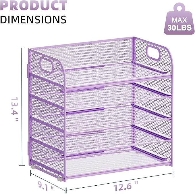 Marbrasse Paper Organizer Letter Tray, 5 Tier Mesh File Organizer with Handle, Paper Sorter Desk Organizer for Home Office Supplies - Purple