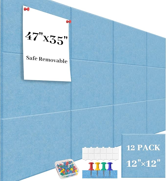 Large Cork Board for Walls Blue Felt Board Alternative -Felt Bulletin Board Tiles for Office Wall Decor,corkboard,Push pin Board Wall Organizer for Office -12Pack (Blue)