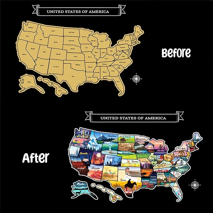 Large 23x16 Scratch-Off USA Map - Hand-Drawn Travel Design with Accessories, Laminated for Home Décor - Deluxe States Tracker, Road Trip Gift, Perfect for Travelers, Adventure & Geography Lovers