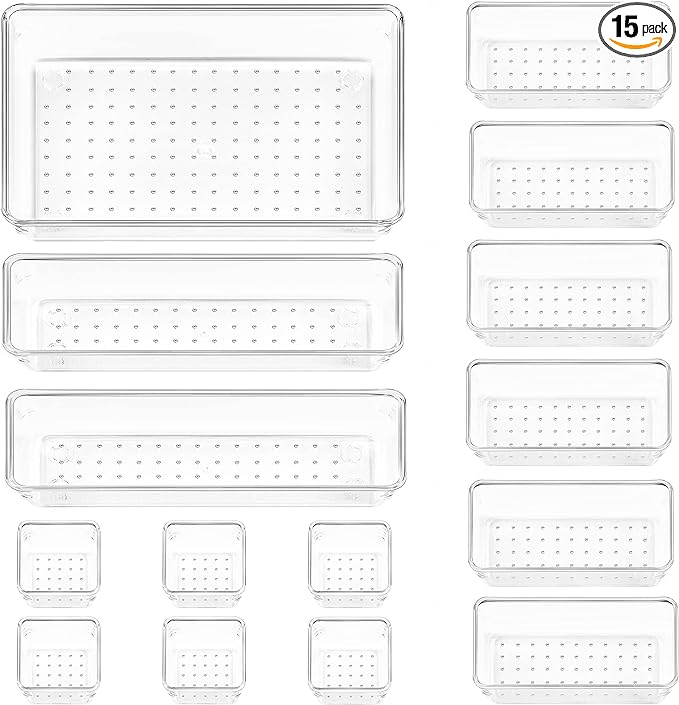 Vtopmart 15 PCS Clear Plastic Drawer Organizers Set, 4-Size Versatile Bathroom and Vanity Organizer Trays, Non-Slip Storage Containers for Makeup, Jewelries, Bedroom，Kitchen Utensils and Office