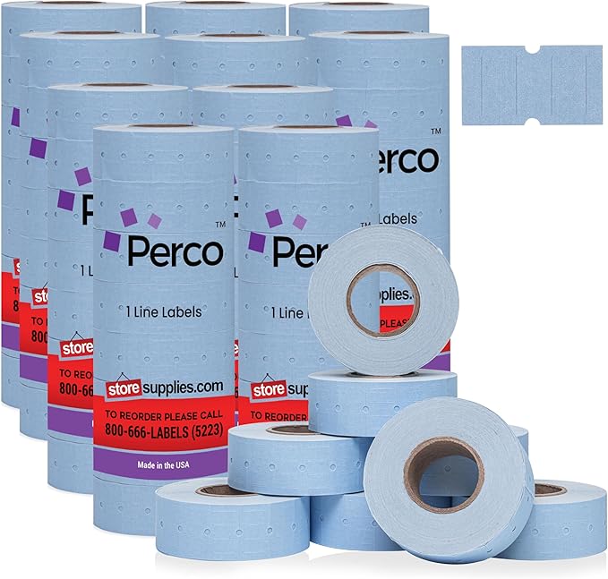 Perco 1 Line Blue Labels - 80 Rolls, 10 Sleeves, 80,000 Blank Price and Date Gun Labels for Perco 1 Line Price and Date Guns - Made in USA