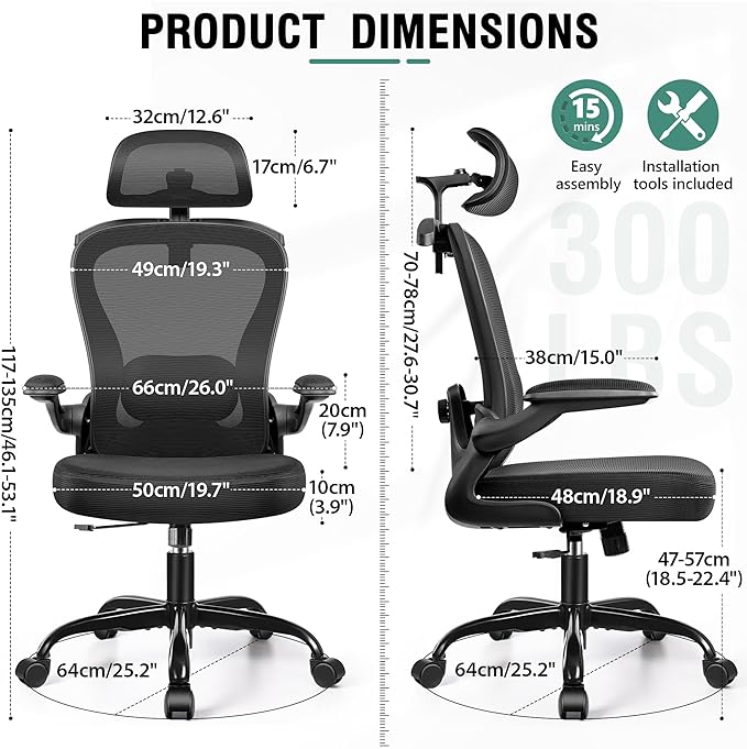Office Chair, Ergonomic Office Chair with 3D Lumbar Support 3D Headrest, Comfy High Back Home Desk Chairs, Breathable Mesh Computer Chairs with Flip-Up Armrests & Hanger(Black)