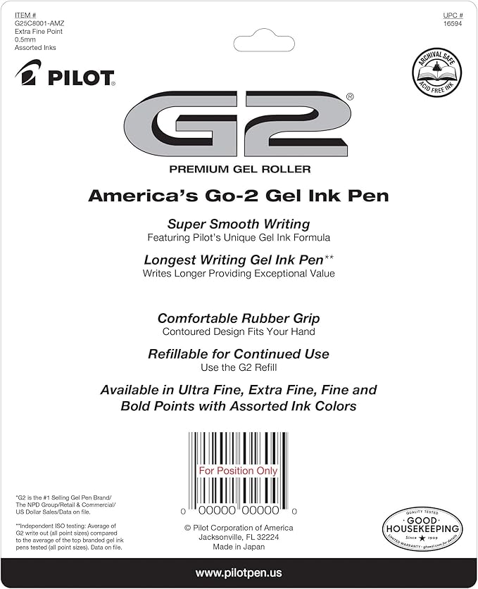 Pilot, G2 Premium Gel Roller Pens, Extra Fine Point 0.5 mm, Pack of 8, Black and Blue