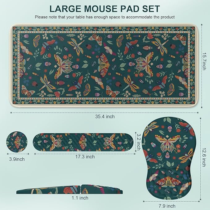 iLeadon Desk Pad Mat for Keyboard and Mouse,4in1 Green Large Mouse Pads Set for Desk,Ergonomic Wrist Rest for Computer Keyboard,Cup Coaster with Non-Slip Rubber Base for Home Office,Dark Green Insect