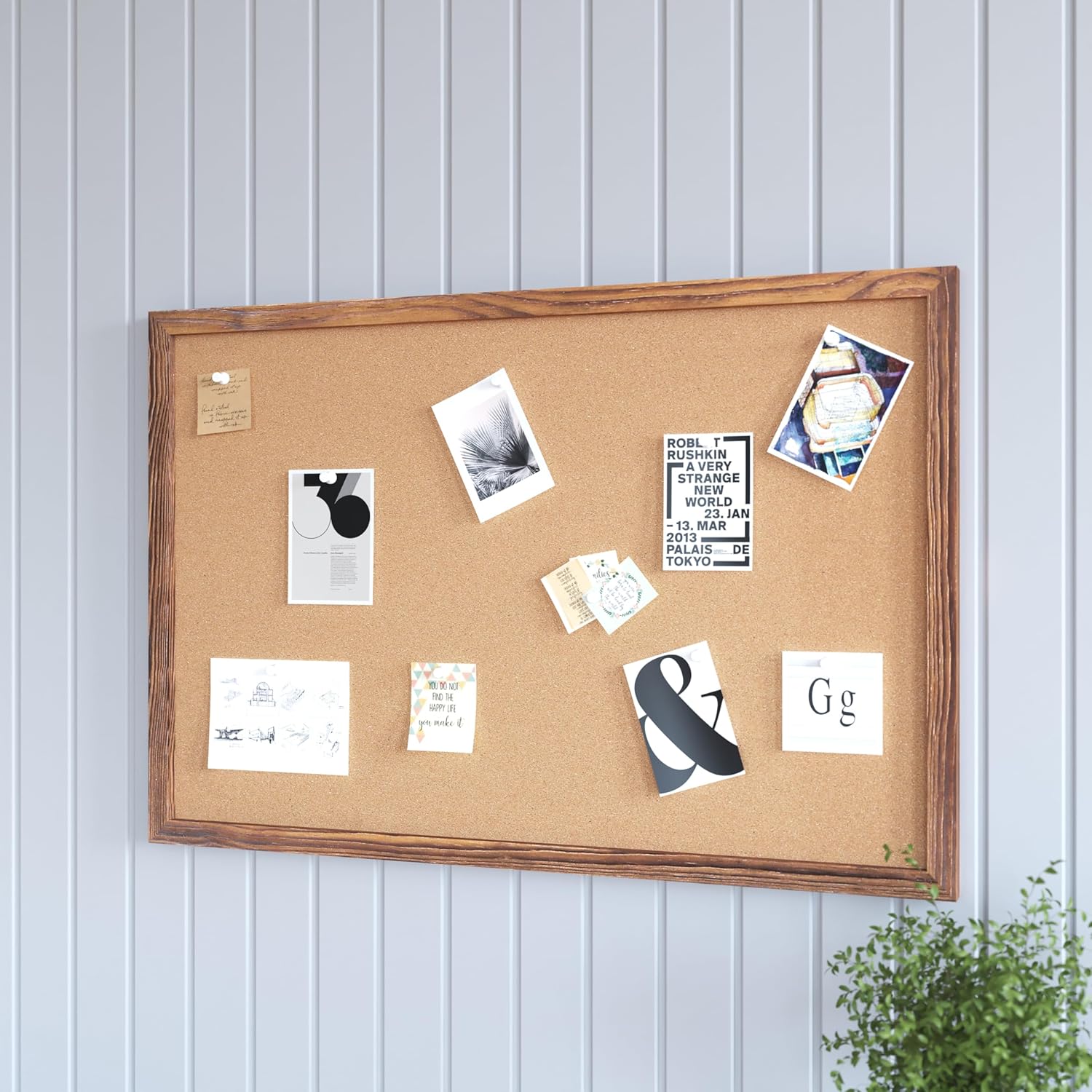 HBCY Creations Wall Mount Torched Wood Cork Board - 24" W x 36" H - 6 Wooden Push Pins - Solid Pine Wood Frame - for Kitchen, Classrooms, Restaurant Menus and More!