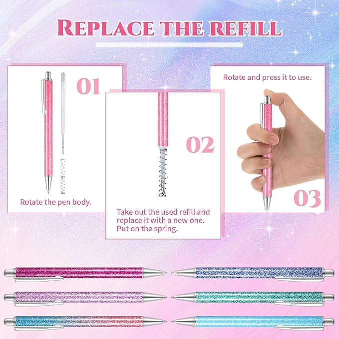 Sherr 7 Pcs Fancy Pens for Women Cute Sparkly Glitter Pens with 10 Pcs Black Ink Refills Pretty Gifts for Girls Office School Christmas Graduation(Pastel,Glitter)