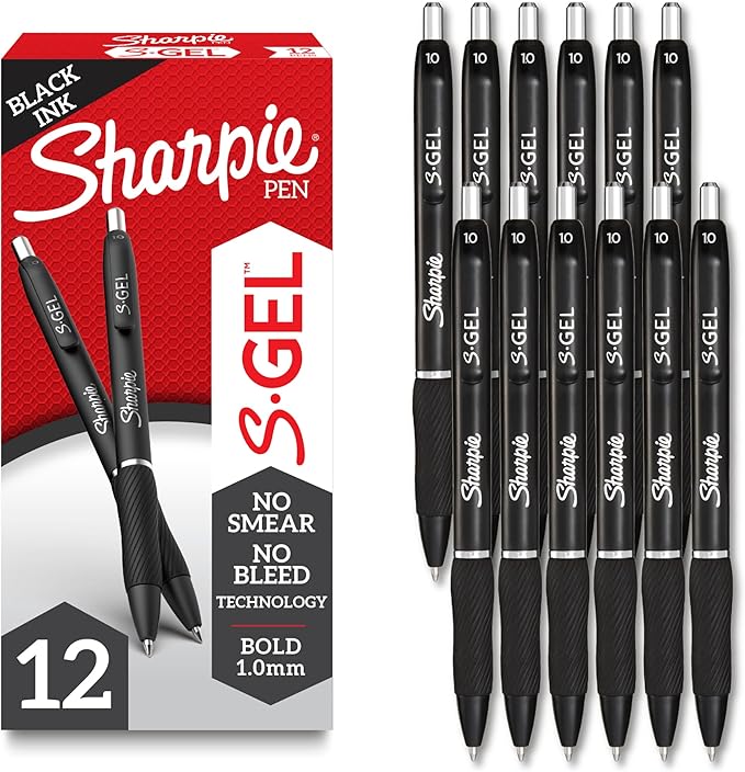 Sharpie S-Gel, Gel Pens, Drawing Pens, Writing Pens, Gel Ink Pens For Journaling, Coloring Pens, Bold Point (1.0Mm), Black Ink Gel Pen, 12 Count