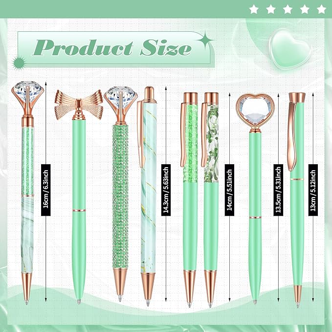 Supervitae 8 Pcs Ballpoint Pen for Women Fancy Gifts for Journaling Liquid Sand Glitter Black Ink Pens Bridal Shower Gifts for Wedding Women Office Desk School Stationery Supplies(Green)