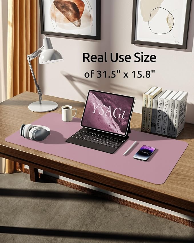 YSAGi Leather Desk Protector, Office Mat, Large Mouse Mat, Non-Slip PU Leather Blotter, Laptop Pad, Waterproof Writing Pad for Office and Home (Pale Mauve, 31.5" x 15.8")