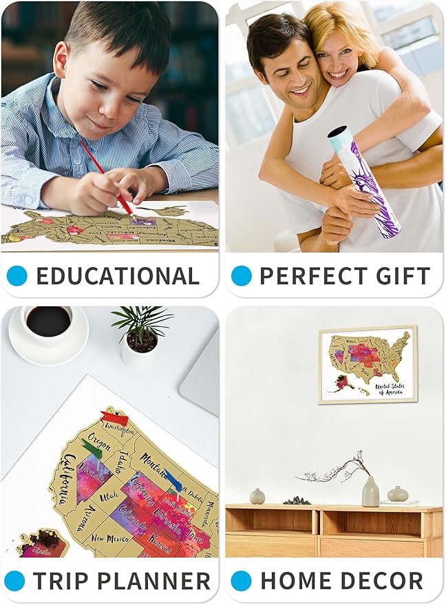 JARLINK Scratch Off USA Map Poster, 12x17 inches United States Map with Unique Accessories Set, Personalized Travel Poster, Gift for Travelers