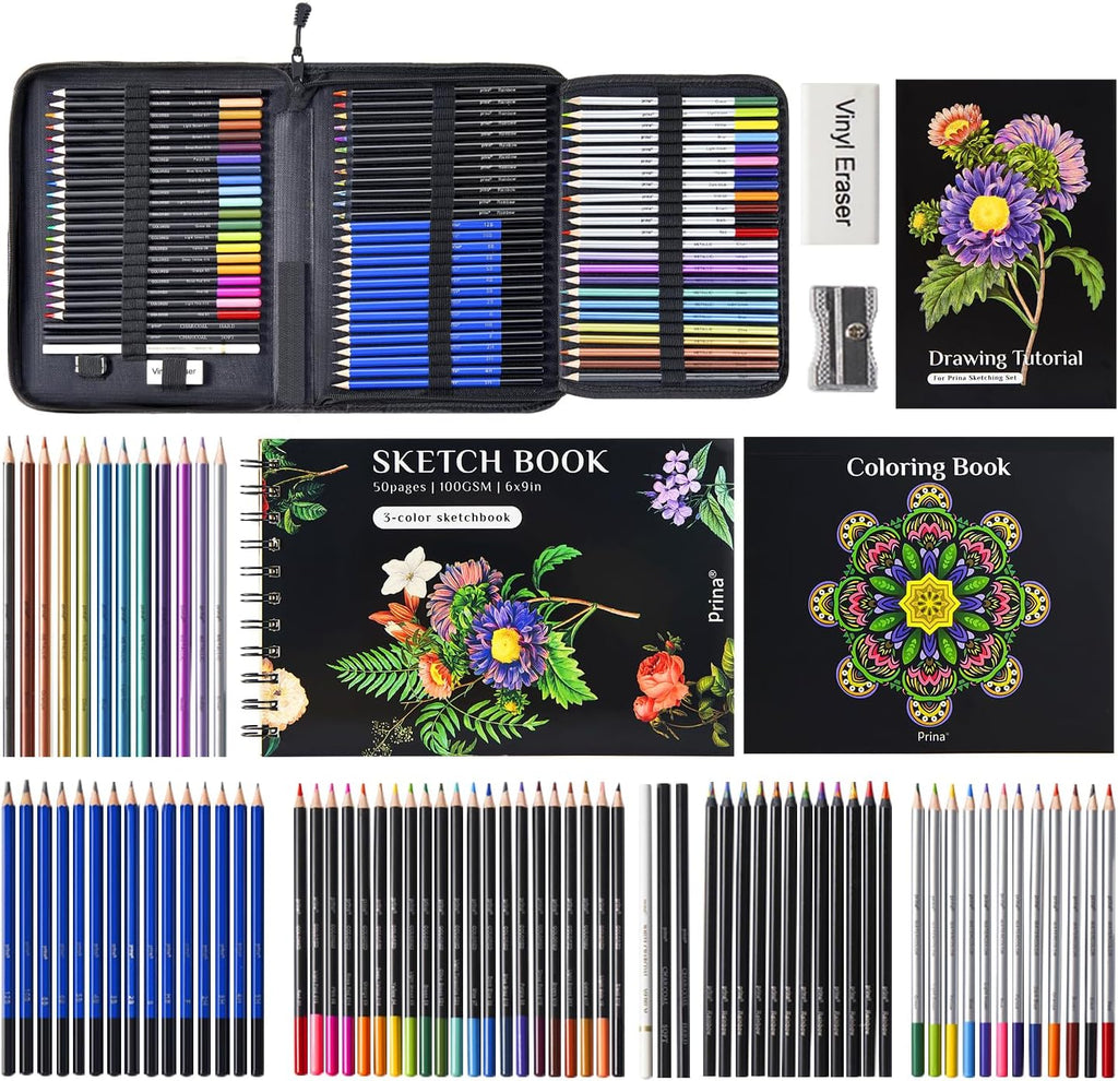 PRINA 81 Drawing Set Sketching Kit, Pro Sketch Pencils Art Supplies with Rainbow, Colored, Graphite, Watercolor, Metallic, Charcoal Pencil, Sketchbook, Coloring Book, Gift Case for Artists Adults Kids