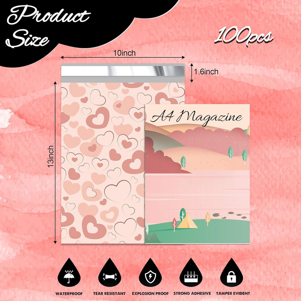 Pink Heart Poly Mailer 10x13 Inch 100 Pcs, Waterproof Shipping Bags for Clothing, Tear-Resistant Mailier Bags, Strong Mailing Bags with Self-Seal