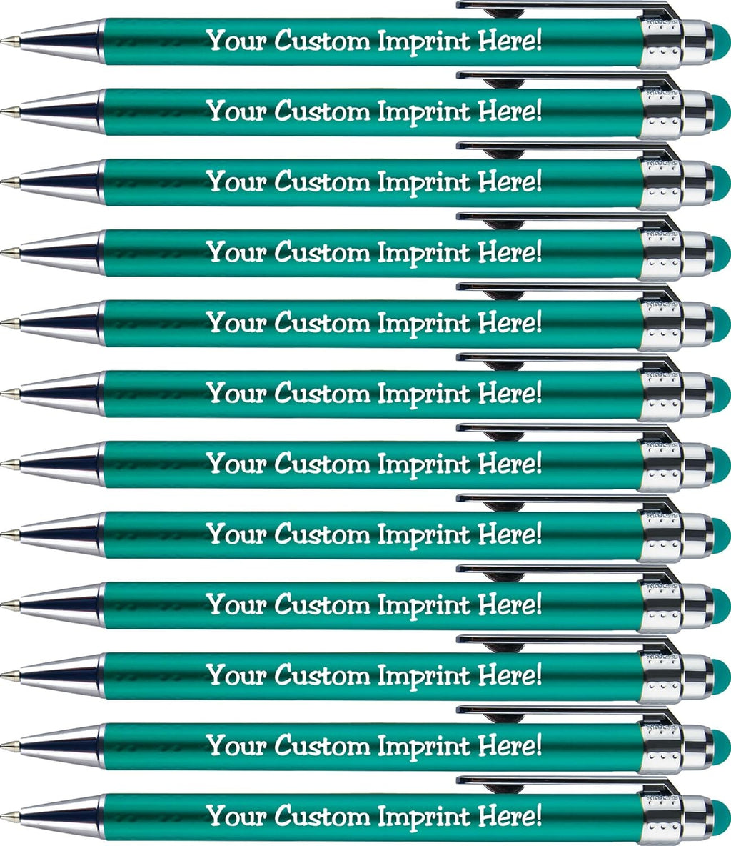 Personalized Pens with Stylus Tip -Bright Vibes- Click action - Custom - Black writing - Printed Name pens - Imprinted with Your Logo or Message - FREE PERSONALIZATION - 12 Pens/Box (Teal)