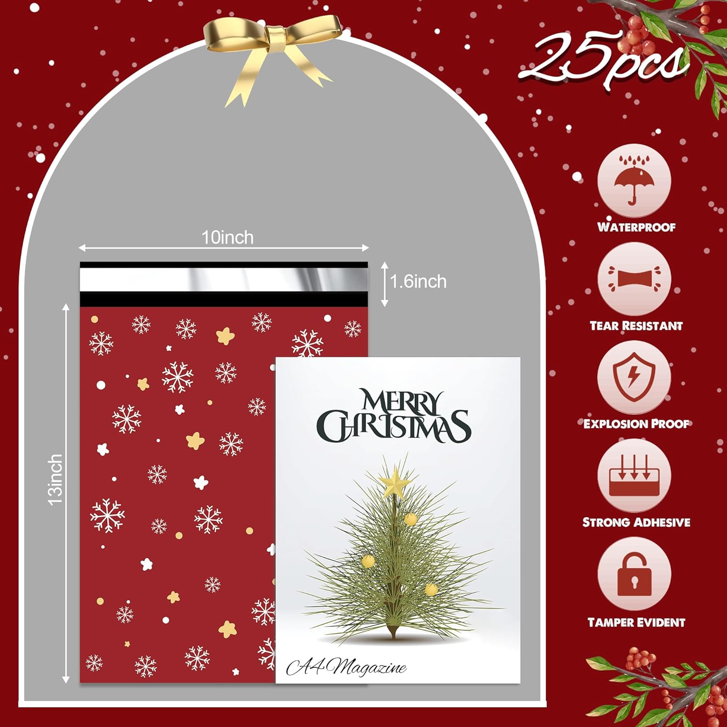 Christmas Poly Mailer 10x13 Inch 25 Pcs, Waterproof Shipping Bags for Clothing, Tear-Resistant Mailier, Strong Mailing With Self-Seal - Red Merry Christmas