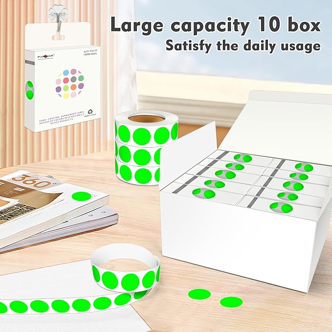 PARLAIM 3/4 Inch Round Permanent Adhesive Color-Code Dot Stickers,10000 Stickers Roll dots Label Dispenser Box Green Circle Stickers Labels 10Rolls (Fluorescent Green)