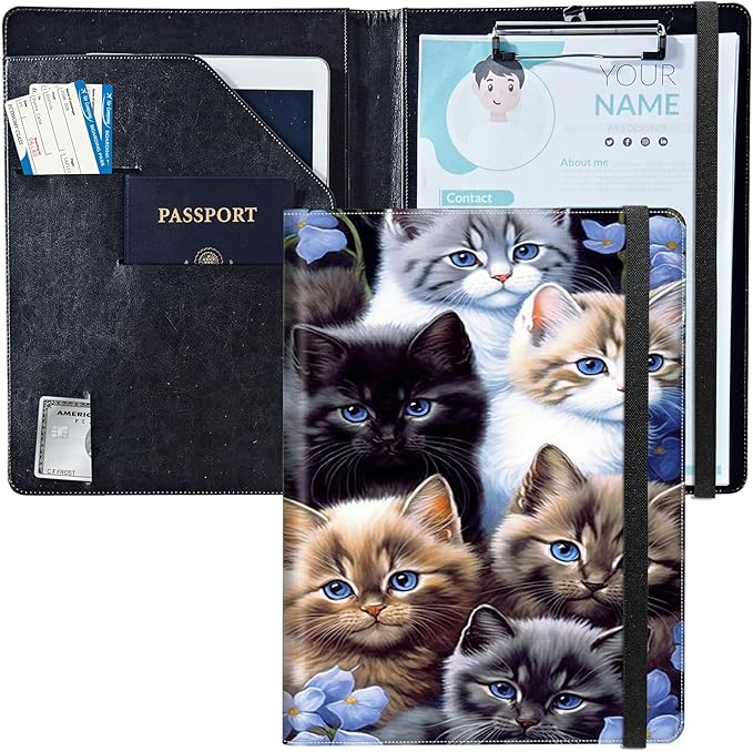 PU Leather Padfolio Clipboard Notepad with Pen Loop and Elastic Strap Interview/Resume Document Organizer for Business School Office,Cute Cats