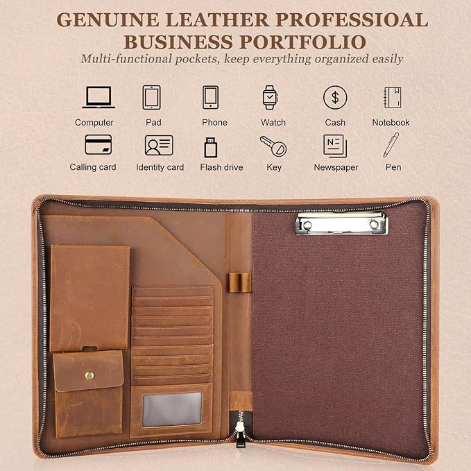 Full Grain Leather Portfolio Binder, Leather Padfolio Business Resume Legal Pad Notebook Binder for A4/Pad, Leather Folio Leather Folder, Writing Pad for Business School Office