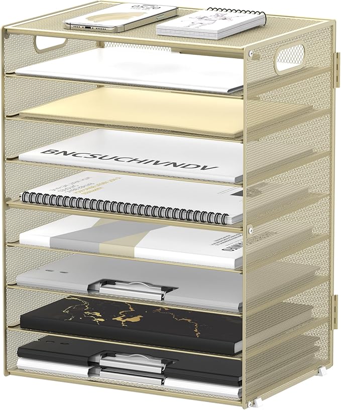 DALTACK 9-Tier Paper Letter Tray Desk Organizer with Handles, Mesh File Holder Organization, File Organizer for Desk Paper Sorter for Office Home School, Golden Yellow