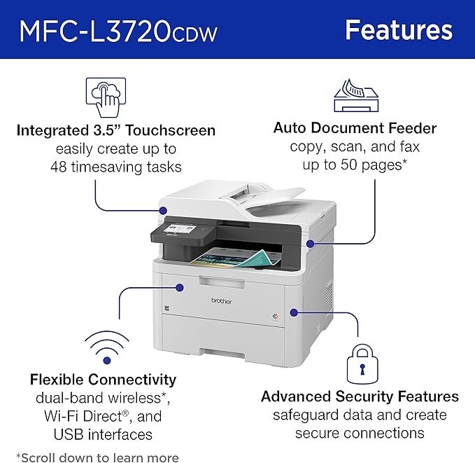 Brother MFC-L3720CDW Wireless Digital Color All-in-One Printer with Laser Quality Output, Copy, Scan, Fax, Duplex, Mobile Includes 2 Month Refresh Subscription Trial ¹ Works with Alexa