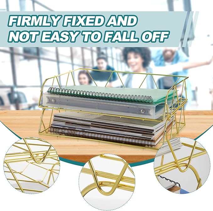 Yeaqee 4 Tier Stackable Paper Tray Gold Desk Organizer Rack Metal Letter Desk File Organizer Horizontal Holder File Trays for Desk Office Desktop Supplies and Accessories