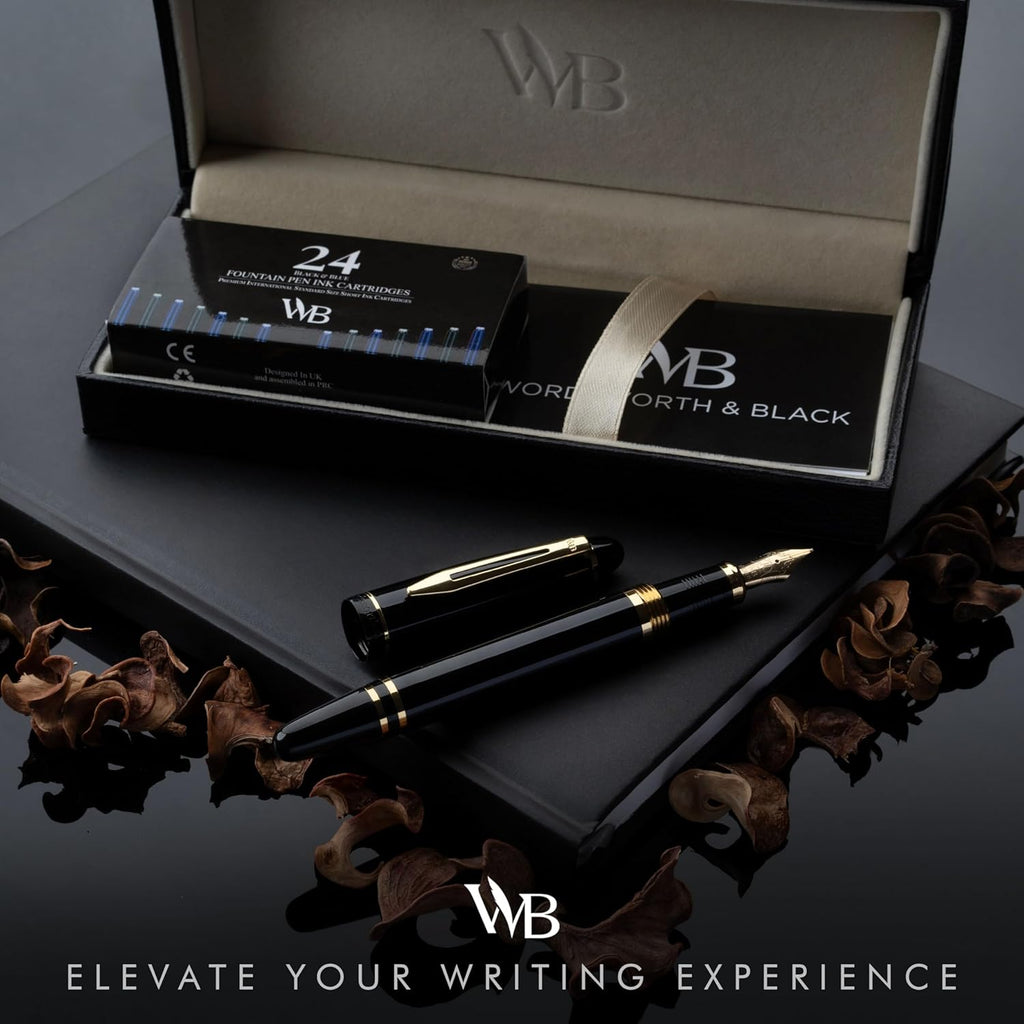 Wordsworth & Black Majesti Fountain Pen-(Black) Luxury Case, 24K Gold Finish; 18K Gilded Extra Fine Nib- Ink Cartridges, Refillable Ink Converter-Calligraphy Pen-Best Business Gift Set for Men & Women