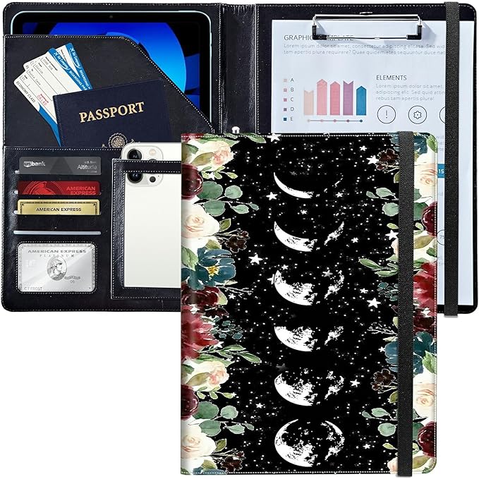 PU Leather Padfolio Folder Clipboard Portfolios Organizer Conference Document Organizer with Business Card Holder Storage Clipboard Writing Pad,Moon Wild Floral