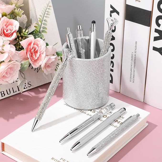 Sabary 8 Pcs Ballpoint Pens with Pen Holder for Desk Metal Crystal Diamond Pen Glitter Pencil Holder Fancy Pens Black Ink Bling Desk Organizer for Women Girls Office School Wedding Gifts (Silver)