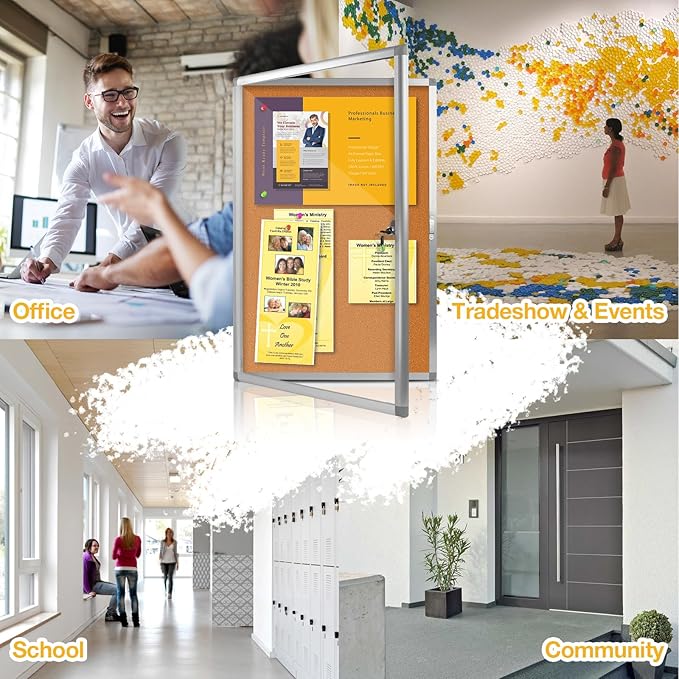 Outdoor Enclosed Bulletin Board, Weatherproof Cork Noticeboard with Clear Acrylic Locking Door, Wall-Mounted Silver Aluminum Framed Display Case,36x24in (5xA4)