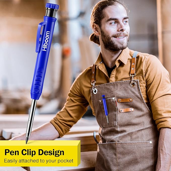 Hiboom 2 Pack Solid Carpenter Pencil with 14 Refill, Long Nosed Deep Hole Mechanical Pencil Marker with Built-in Sharpener for Carpenter Woodworking Architect with Design Patent (Black, Blue)