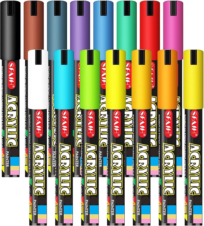 SFAIH Acrylic Creative Markers - 3mm Replaceable Nibs 15 Colors, Large Ink Capacity, Ultra-High Coverage, Non-Bleeding Water-Based Ink, Drawing Markers for Art Supplies, Wood, Fabric, Rock Painting