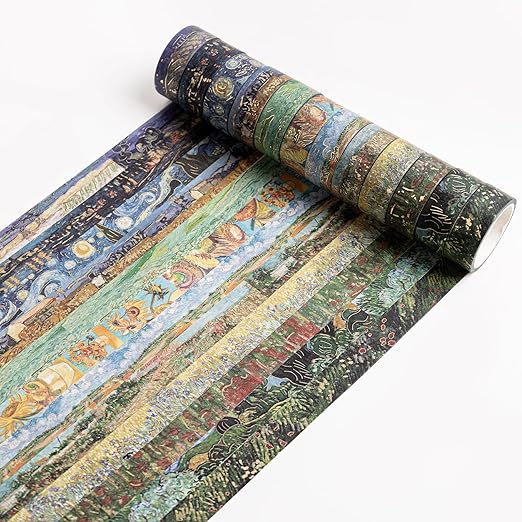 Lychii Washi Tape Set, 12 Rolls Gold Foil Van Gogh Oil Painting Patterns 5M/16.4Ft Long Decorative Masking Tapes for Planners, Calendar, Scrapbook, Journal - 15 mm
