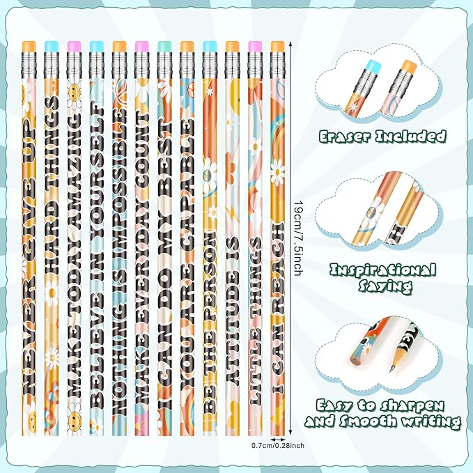 60 Pcs Retro Motivational Pencils Bulk, Inspirational School Pencils for Classroom, Cute Wood Pencils with Encourage Positive Saying, Back to School Supplies for Kids Student Teacher Classroom Reward
