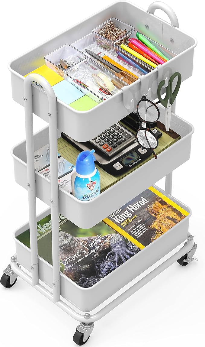 Simple Houseware Heavy Duty 3-Tier Metal Utility Rolling Cart, White