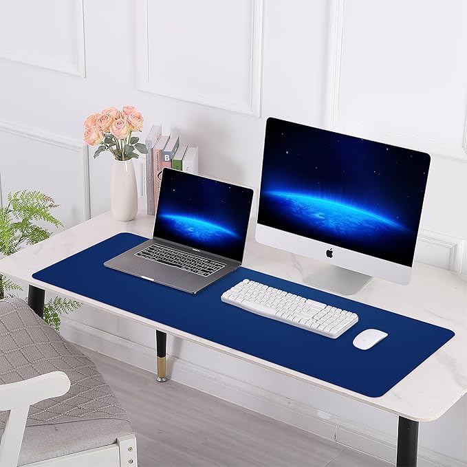 Leather Desk pad Protector, Large Desk mat with Natural Cork & PU Leather,Mouse pad,Non-Slip Office Desk Mat,Waterproof Desk Writing Pad for Office and Home (Sapphire Blue,47in*23in)