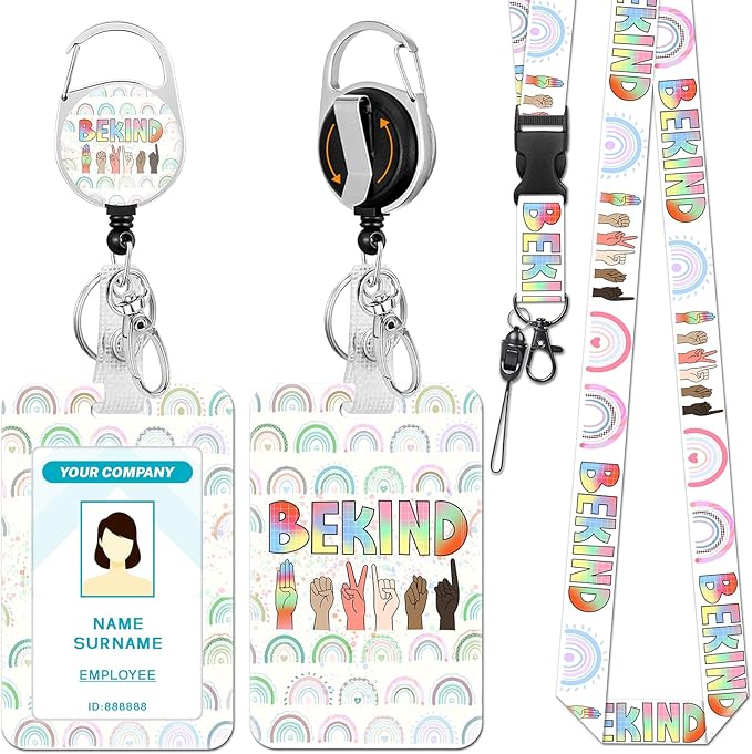 Lanyards for Id Badges, Be Kind Badge Holder with Retractable Reel Clip, Rainbow Work Name Tag Keychain Lanyard ID Card Protector Cover Case for Women Teacher Nurse Nursing Doctor Office