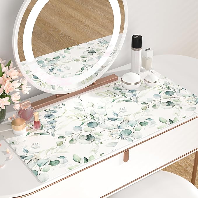 QIYI Large Mouse Pad, Cute Green Leaves Desk Mat for Desktop, Women Girls Office Décor Desk Accessories, PU Leather Waterproof Gaming Mousepad, Eucalyptus Leaf Desk Pad Computer Mat, 31.5" x 15.7"